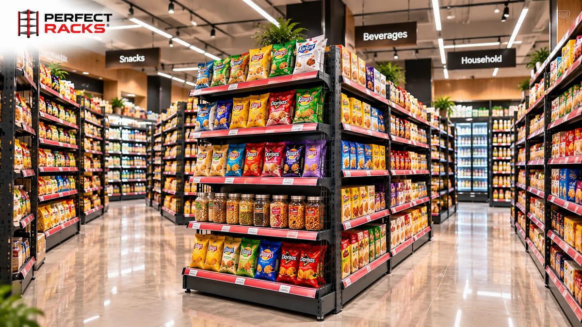 Double-sided centre display racks in supermarket